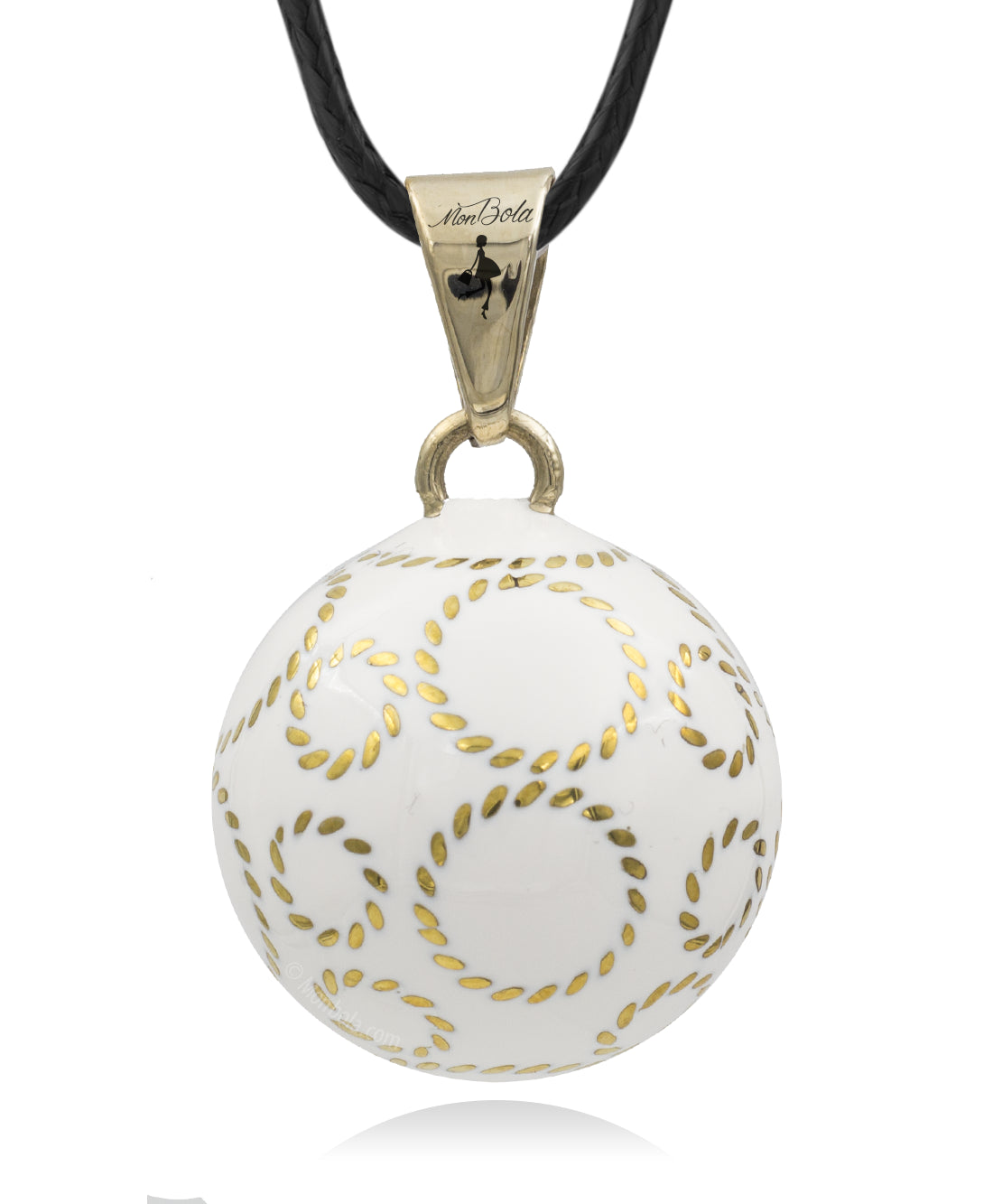 White pregnancy bola with silver circles